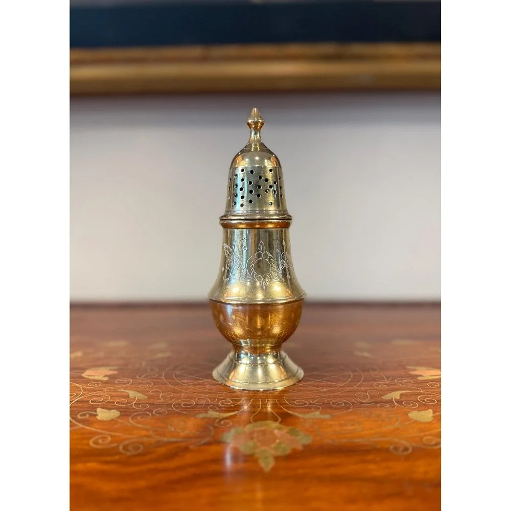 Vintage Brass Sugar Shaker With Engraved Floral Detail